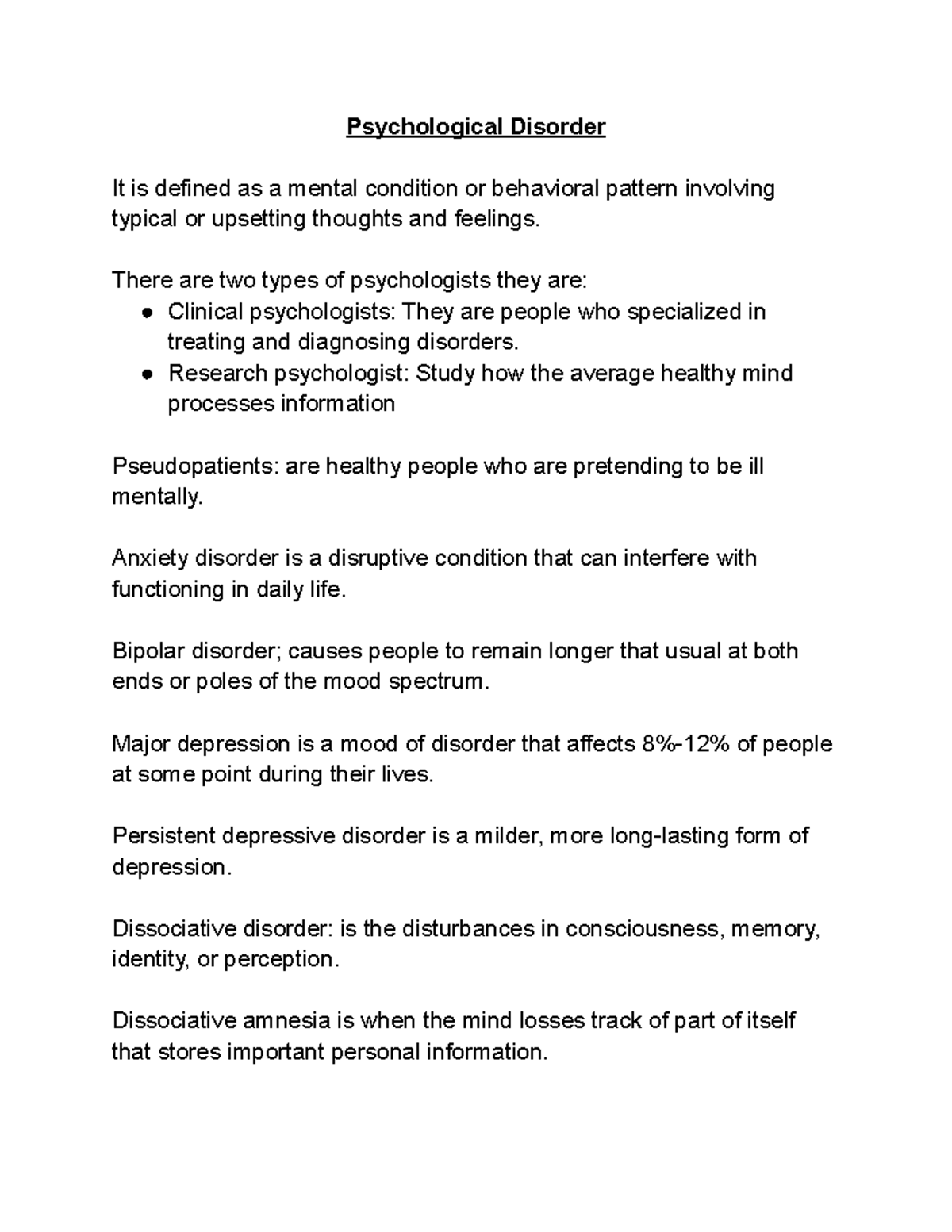 Psychology Psychological Disorder It Is Defined As A Mental Condition