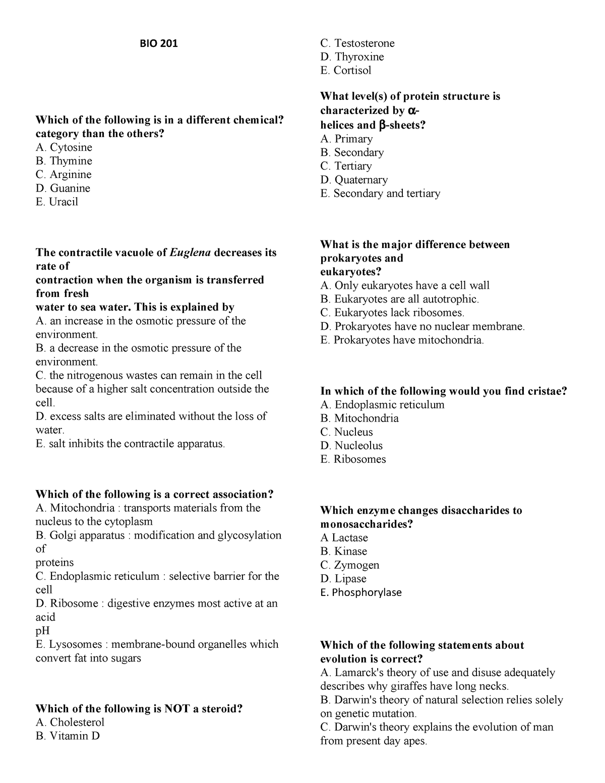 Quiz 1 Sample Questions - BIO 201 Which Of The Following Is In A ...