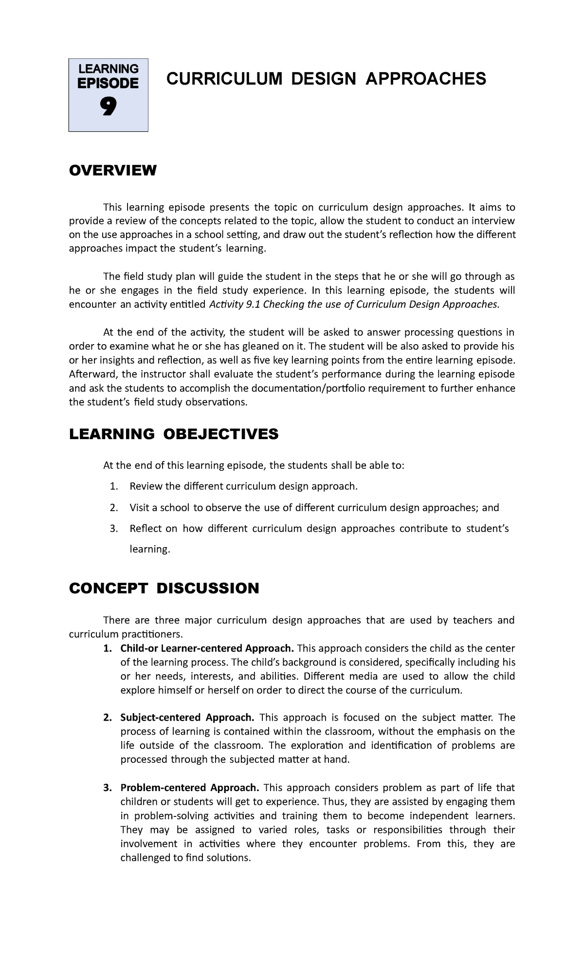 EDU 601 P1 Learning Episode 9 11 - OVERVIEW CURRICULUM DESIGN ...