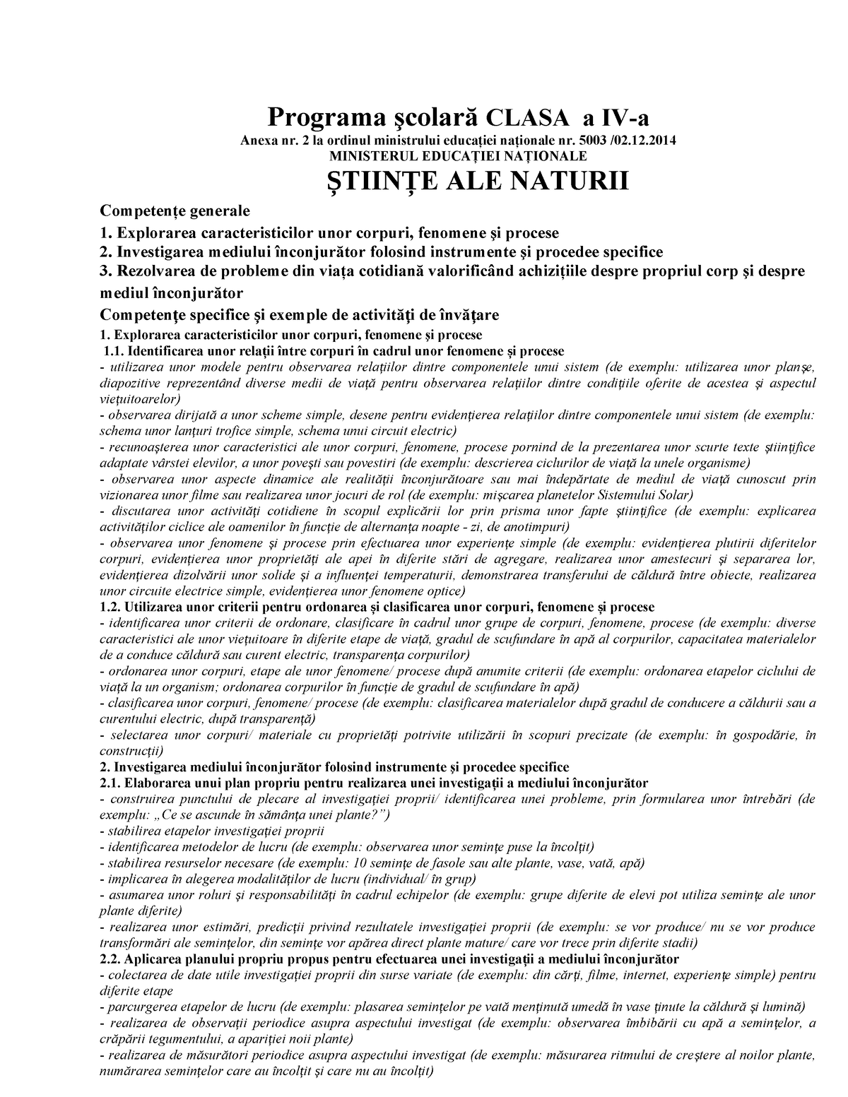 Planificare Anuala Stiinte - Programa şcolară CLASA A IV-a Anexa Nr. 2 ...