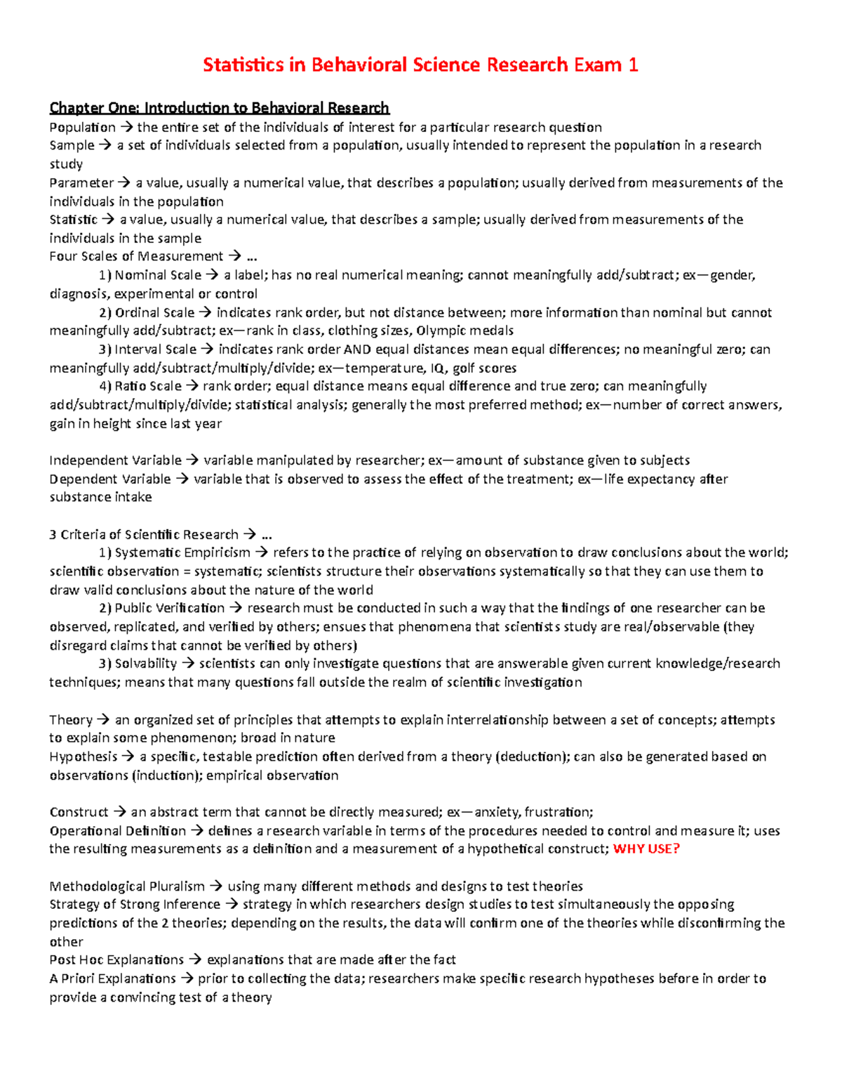 Statistics in Behavioral Science Research Exam 1 SG - Statistics in ...