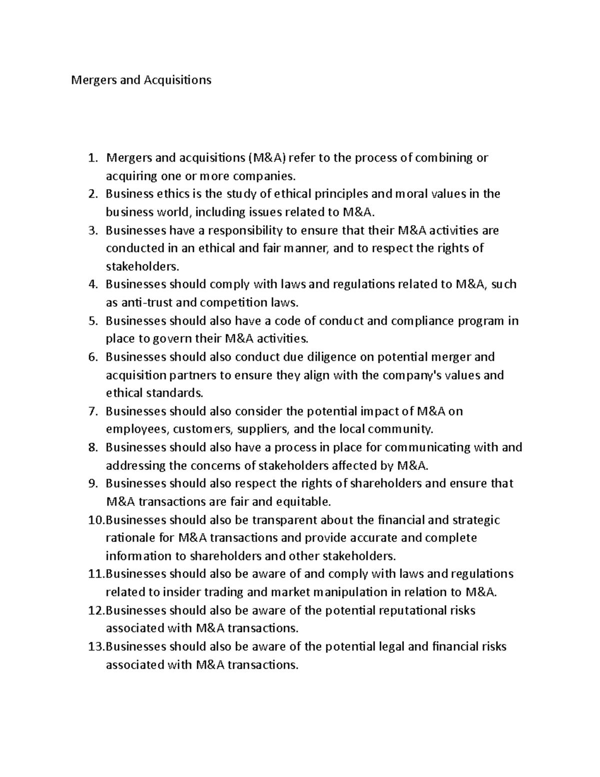 Mergers and Acquisitions notes - Mergers and Acquisitions Mergers and ...