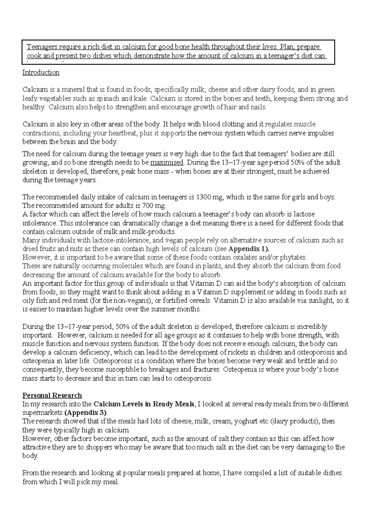Food coursework Final - Introduction Calcium is a mineral that is found ...