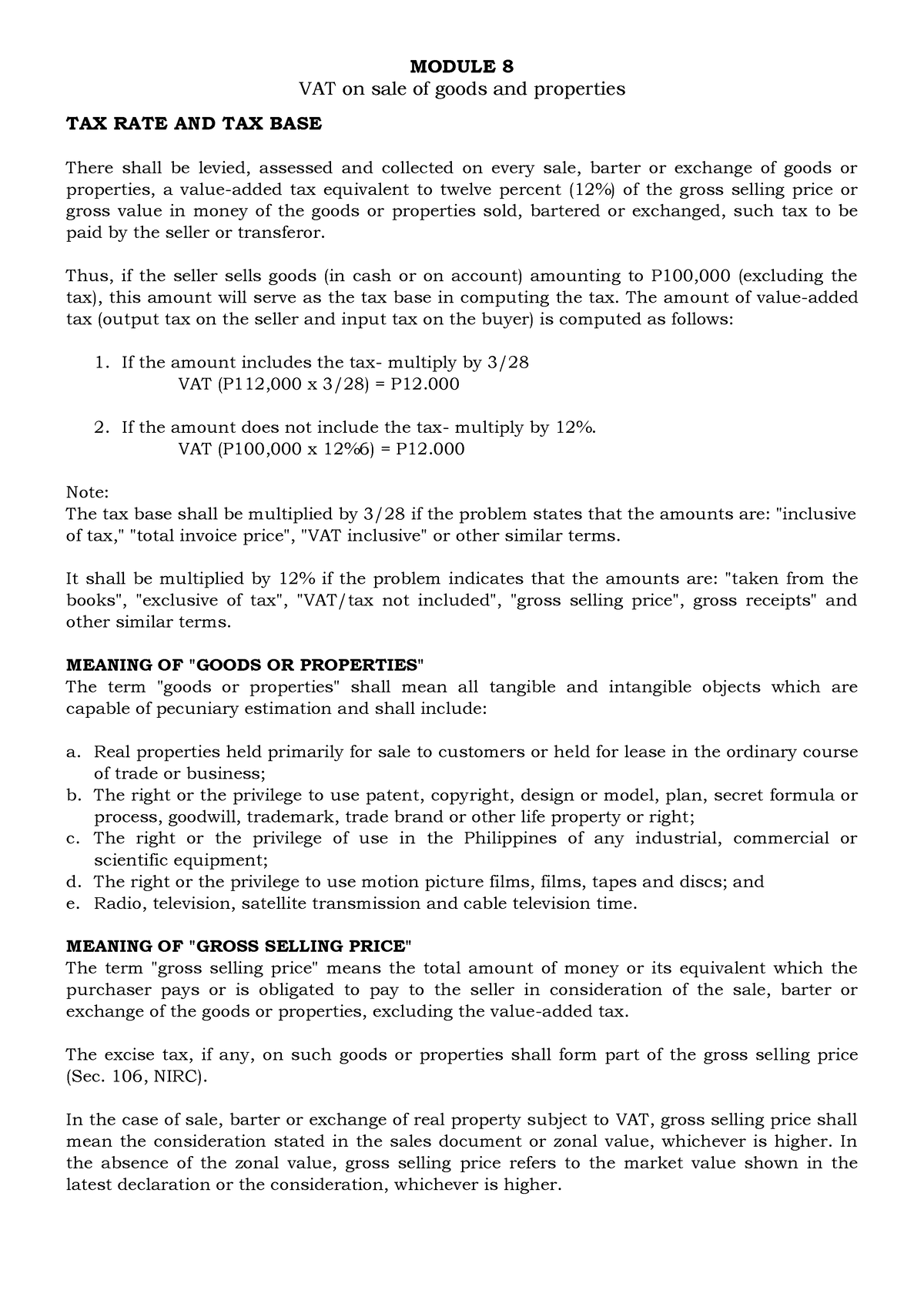 Module 8 Vat On Sale Of Goods Vat On Sale Of Goods And Properties Tax Rate And Tax Base There 9164