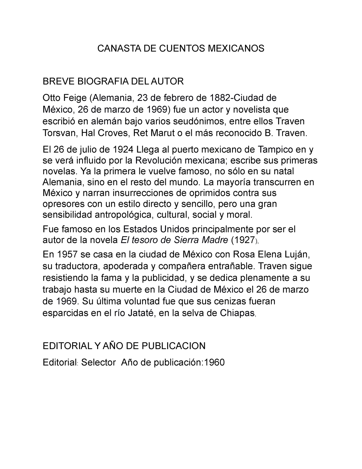 Examen Canasta De Cuentos Mexicanos Breve Biografia Del Autor Otto Feige Alemania 23 De 