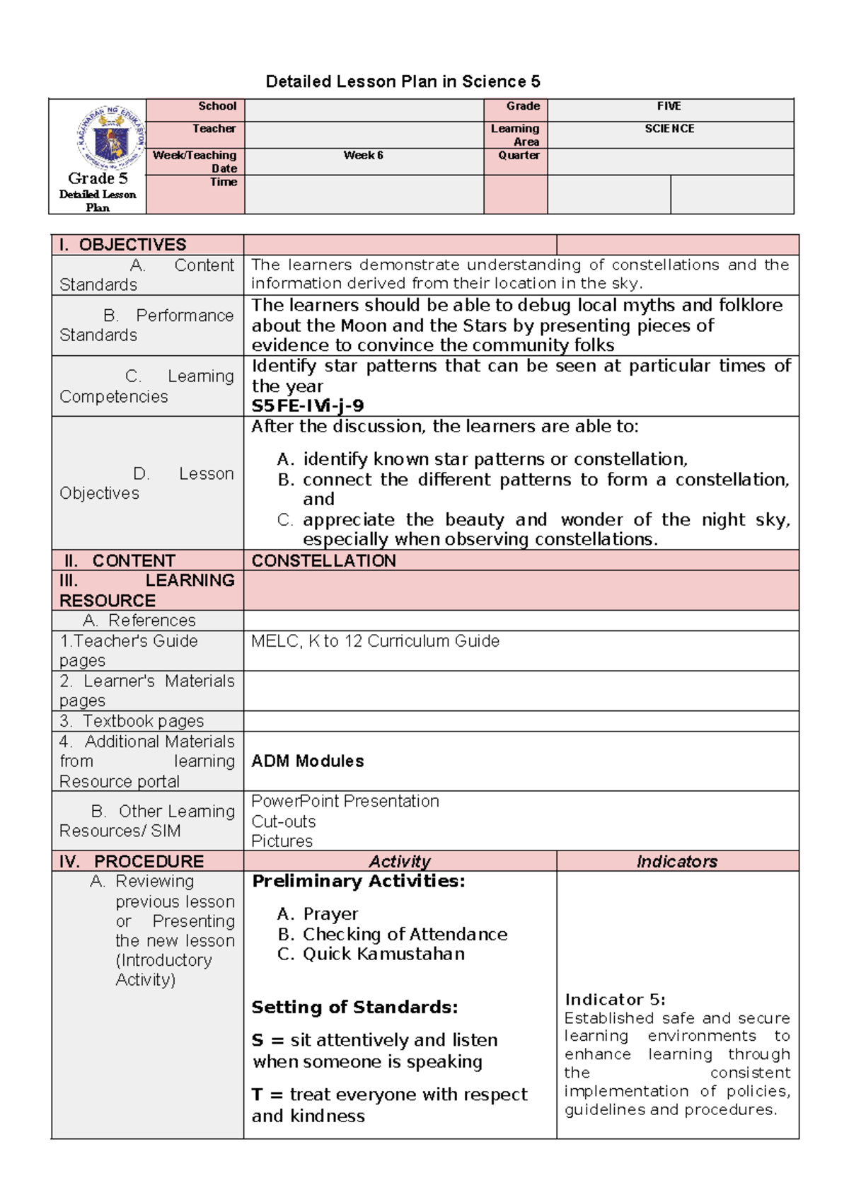 COT4 Science 5 Q4 - Detailed Lesson Plan in Science 5 I. OBJECTIVES A ...