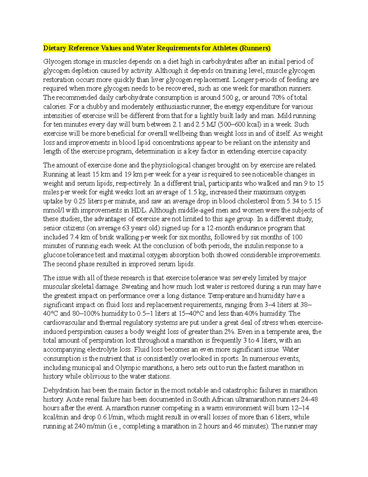 Dietary Reference Values and Water Requirements for Athletes (Runners ...