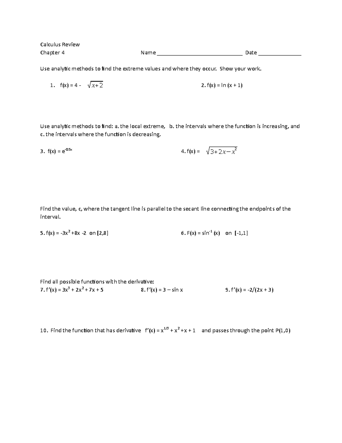 Calculus Review for Chapter 4 - Calculus Review Chapter 4 Name