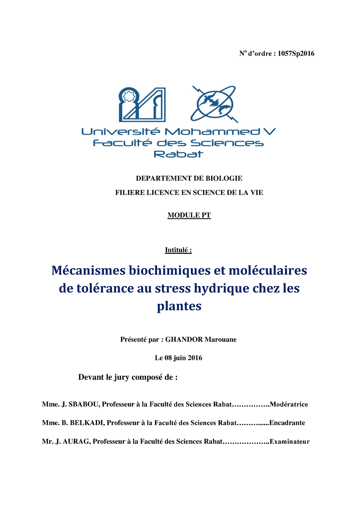 SDIC-PL0542 - PFE Chimie - No D’ordre : 1057Sp Intitulé : Présenté Par ...