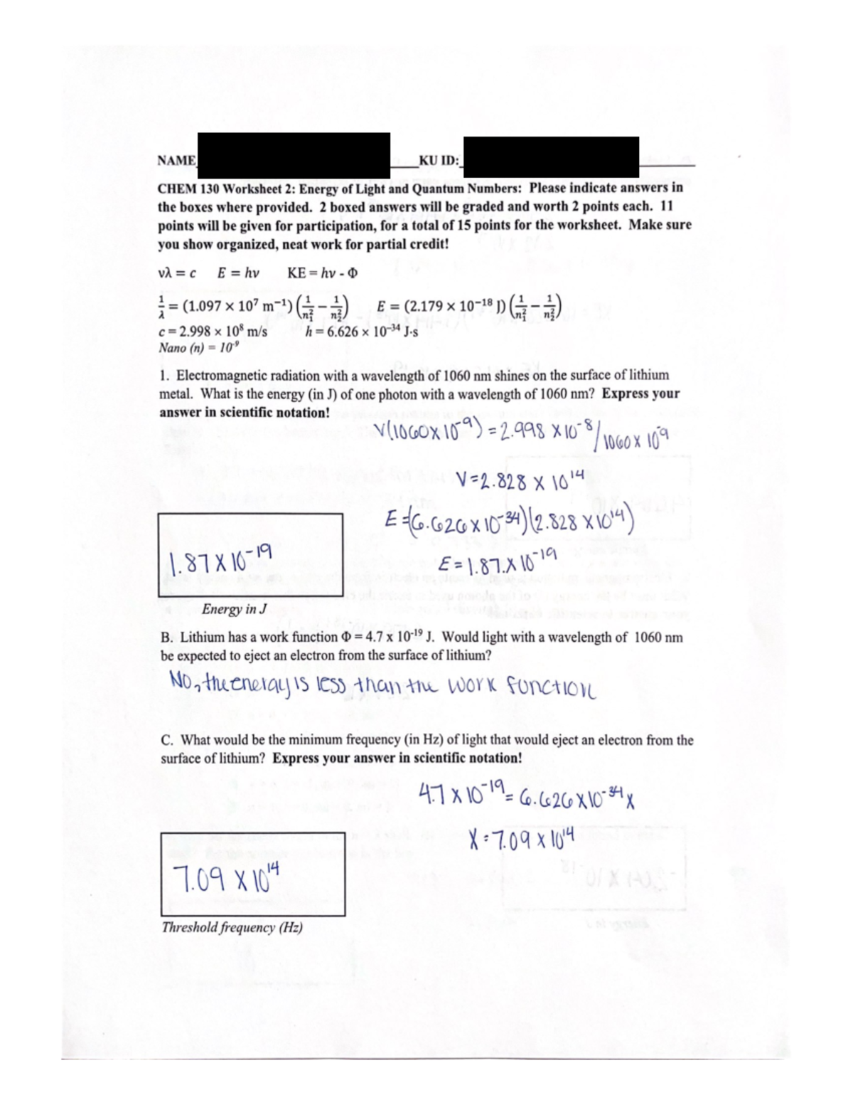 CHEM 130 Worksheet 2 Energy of Light and Quantum Numbers Please ...