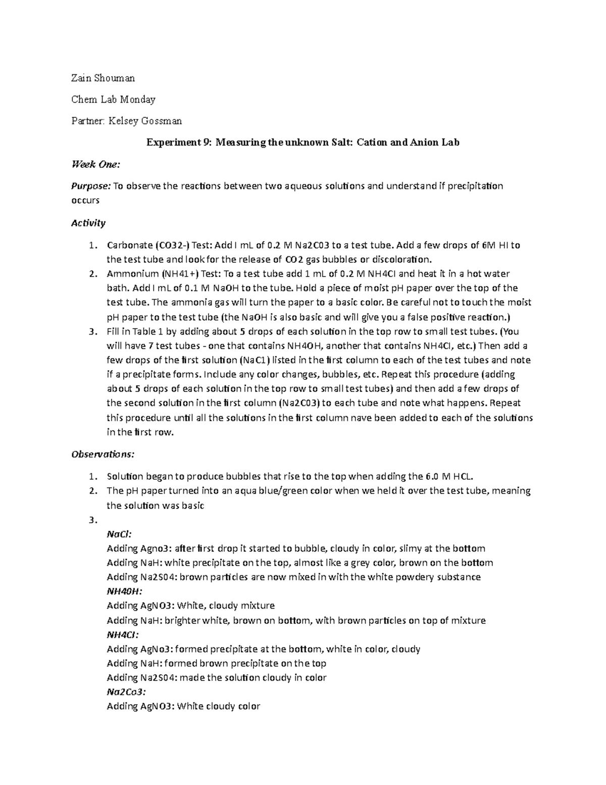 Lap report 9 measuring unknown Zain Shouman Chem Lab Monday Partner