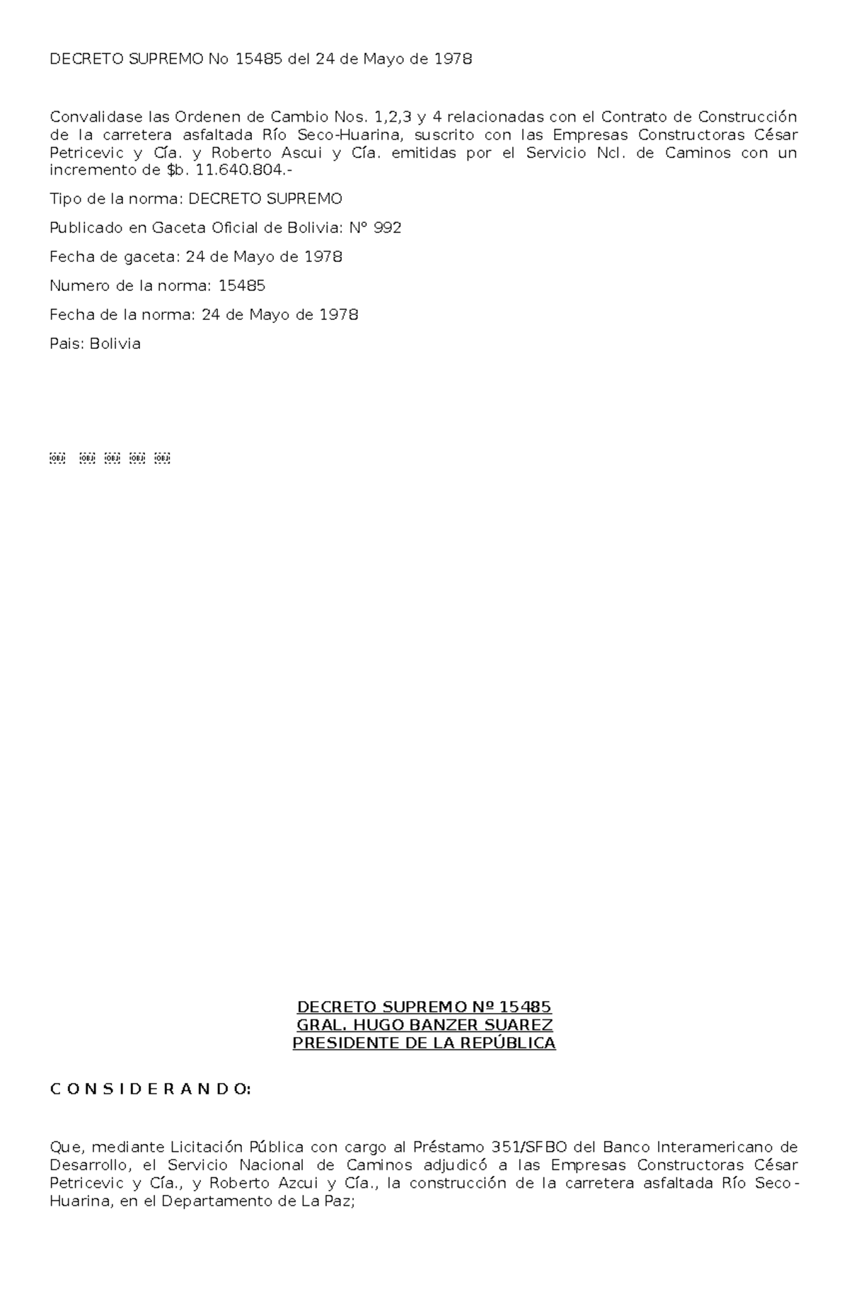 Decreto Supremo No 15485 del 24 de Mayo de 1978 - DECRETO SUPREMO No ...