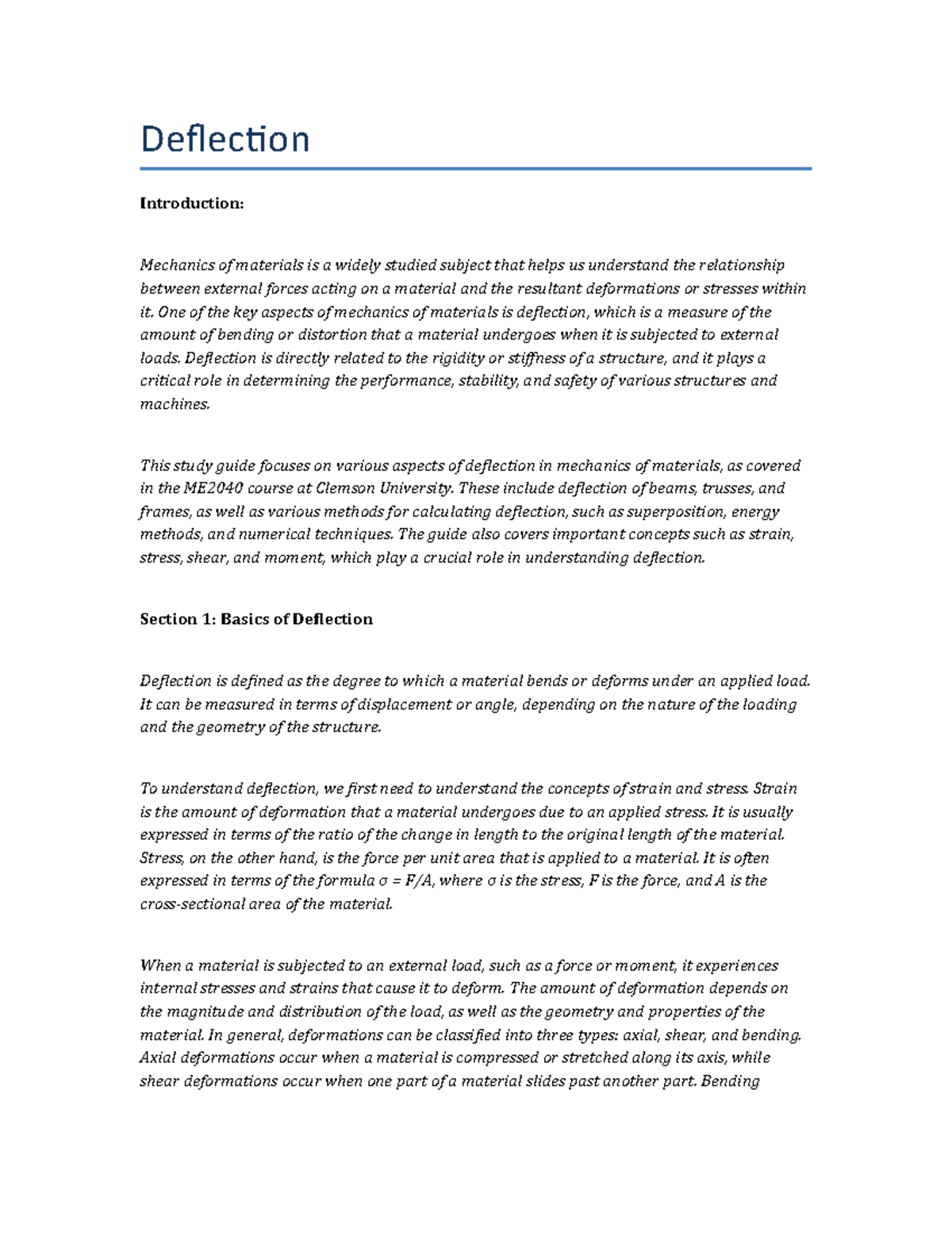 Deflection - Mechanics of Materials (ME2040) Lecture notes - Deflection ...