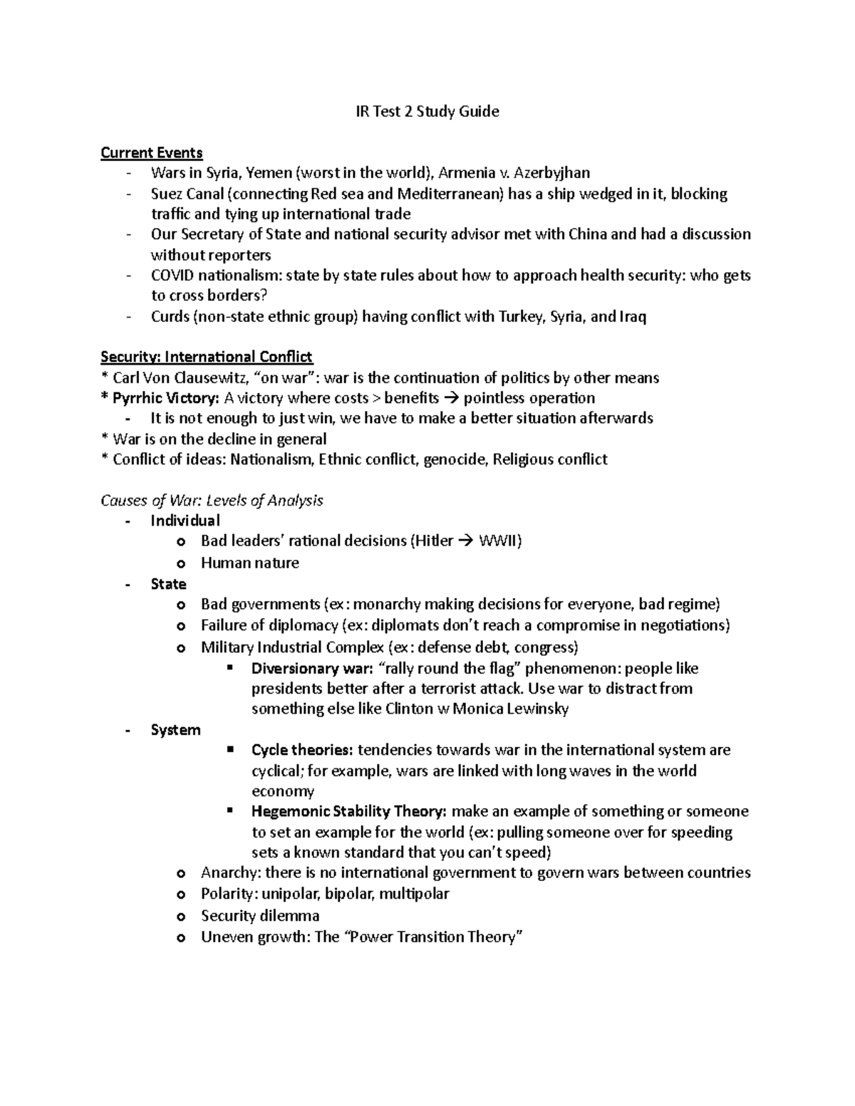 IR Test 2 Study Guide - IR Test 2 Study Guide Current Events - Wars in ...