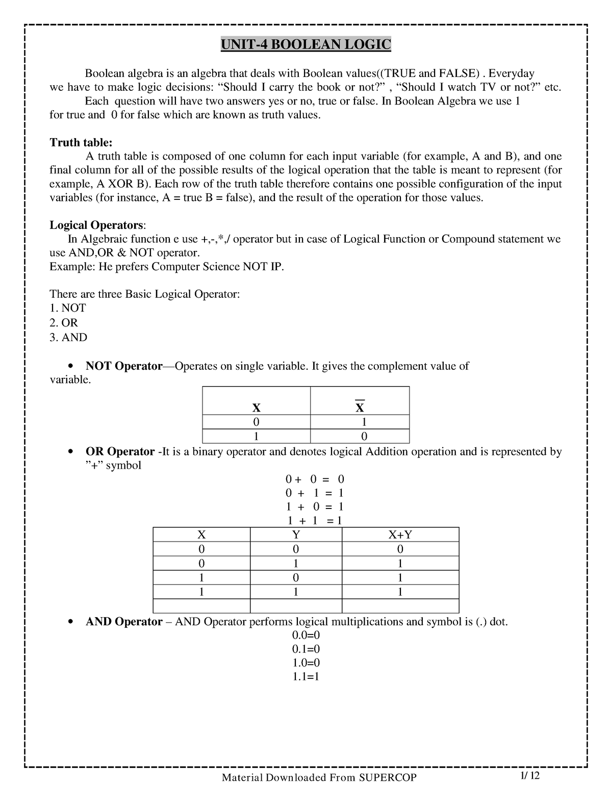 Com 7 - UNIT-4 BOOLEAN LOGIC Boolean Algebra Is An Algebra That Deals ...