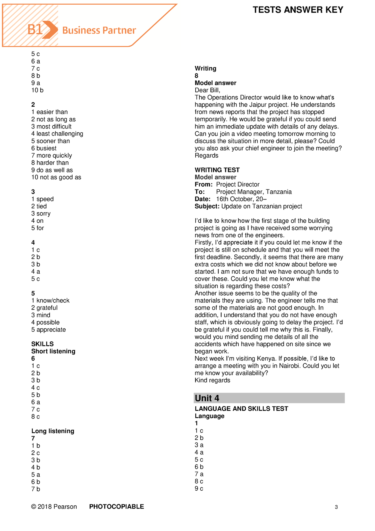 BP B1 Tests Answer Key - Tốt - © 2018 Pearson PHOTOCOPIABLE 3 TESTS ...