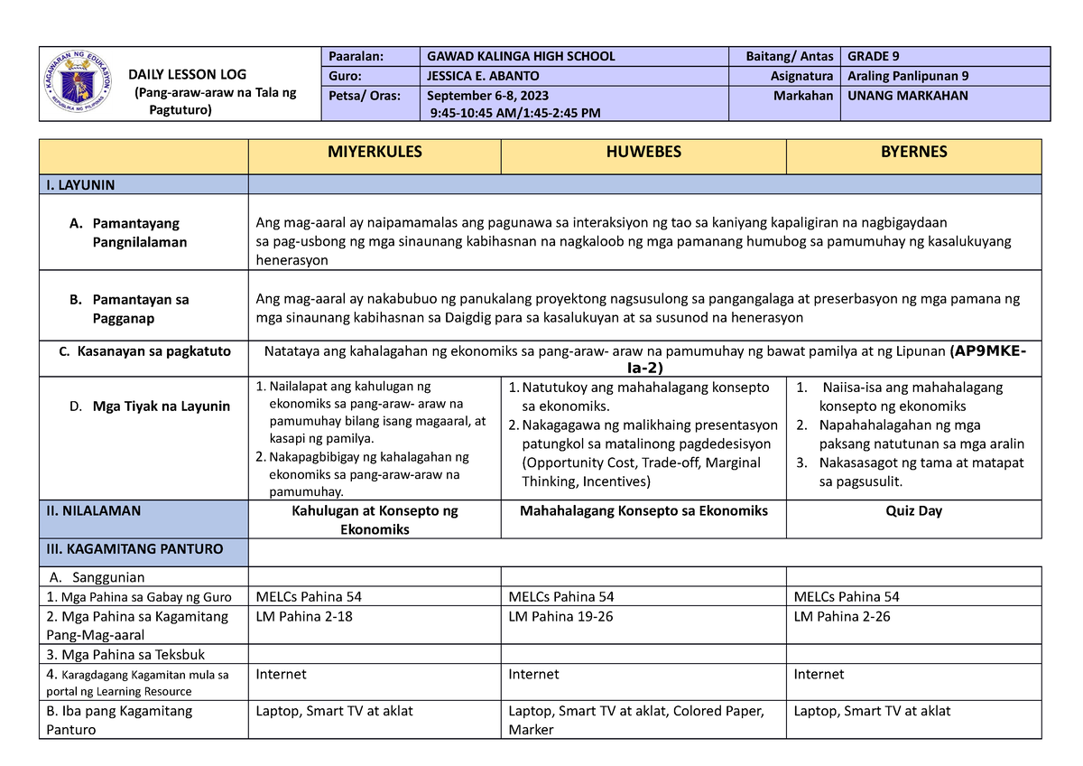 Dll Q1 W2 Ap9 Just A Sample Of My Daily Lesson Log Daily Lesson Log Pang Araw Araw Na Tala 