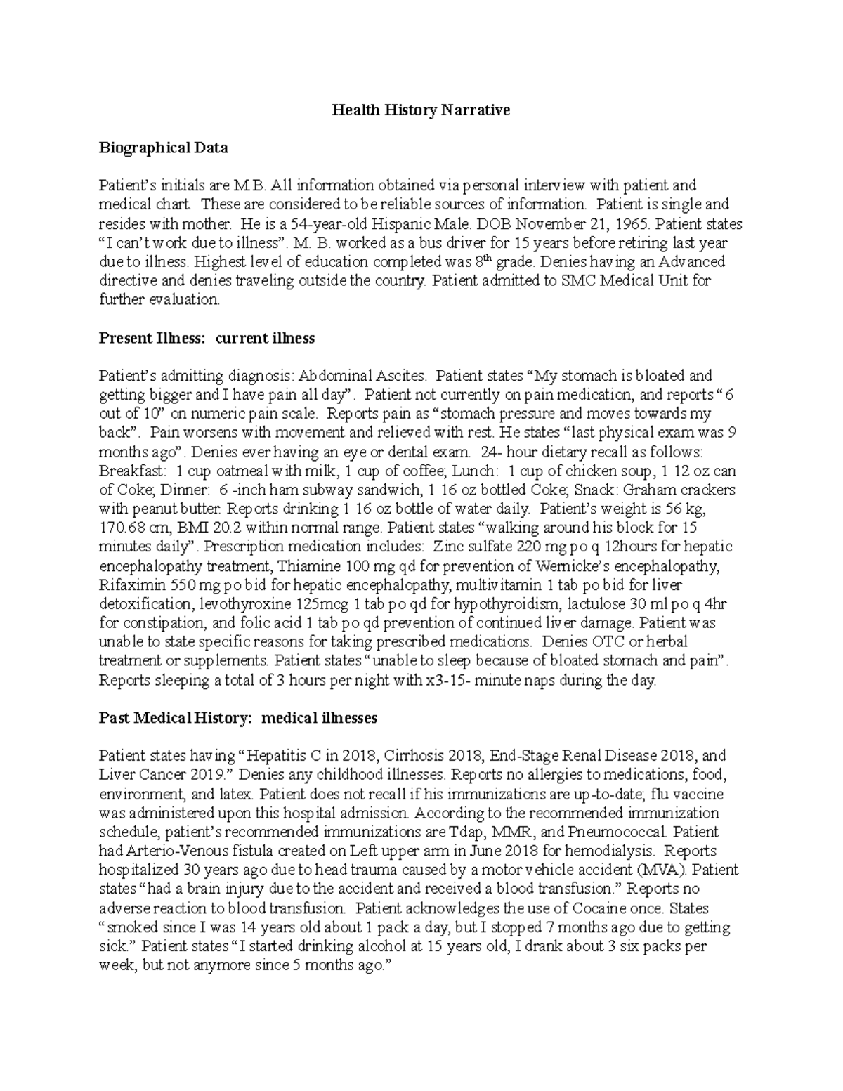 Example Health History Narrative Health History Narrative