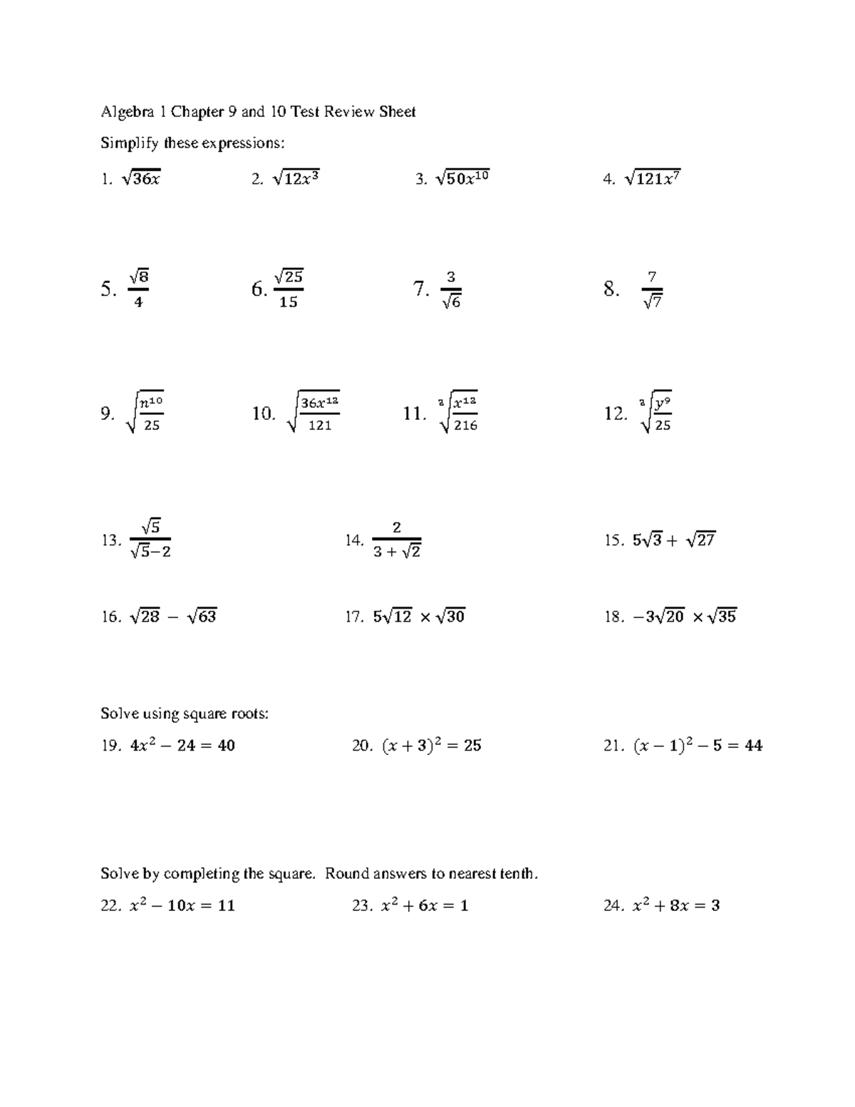 Algebra 1 Chapter 9 And 10 Test Review Sheet Algebra 1 Chapter 9 And 