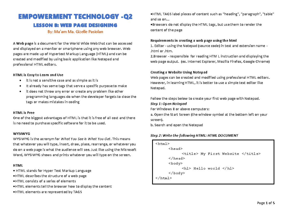 Emptech- Lesson-8 - EMPOWERMENT TECHNOLOGY -Q2 LESSON 8: WEB PAGE ...