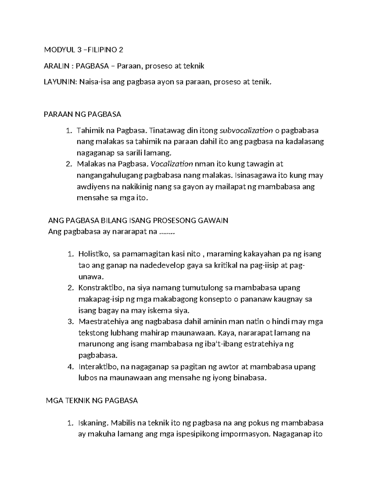 Modyul-3-FIL - Pagbasa - MODYUL 3 –FILIPINO 2 ARALIN : PAGBASA – Paraan ...