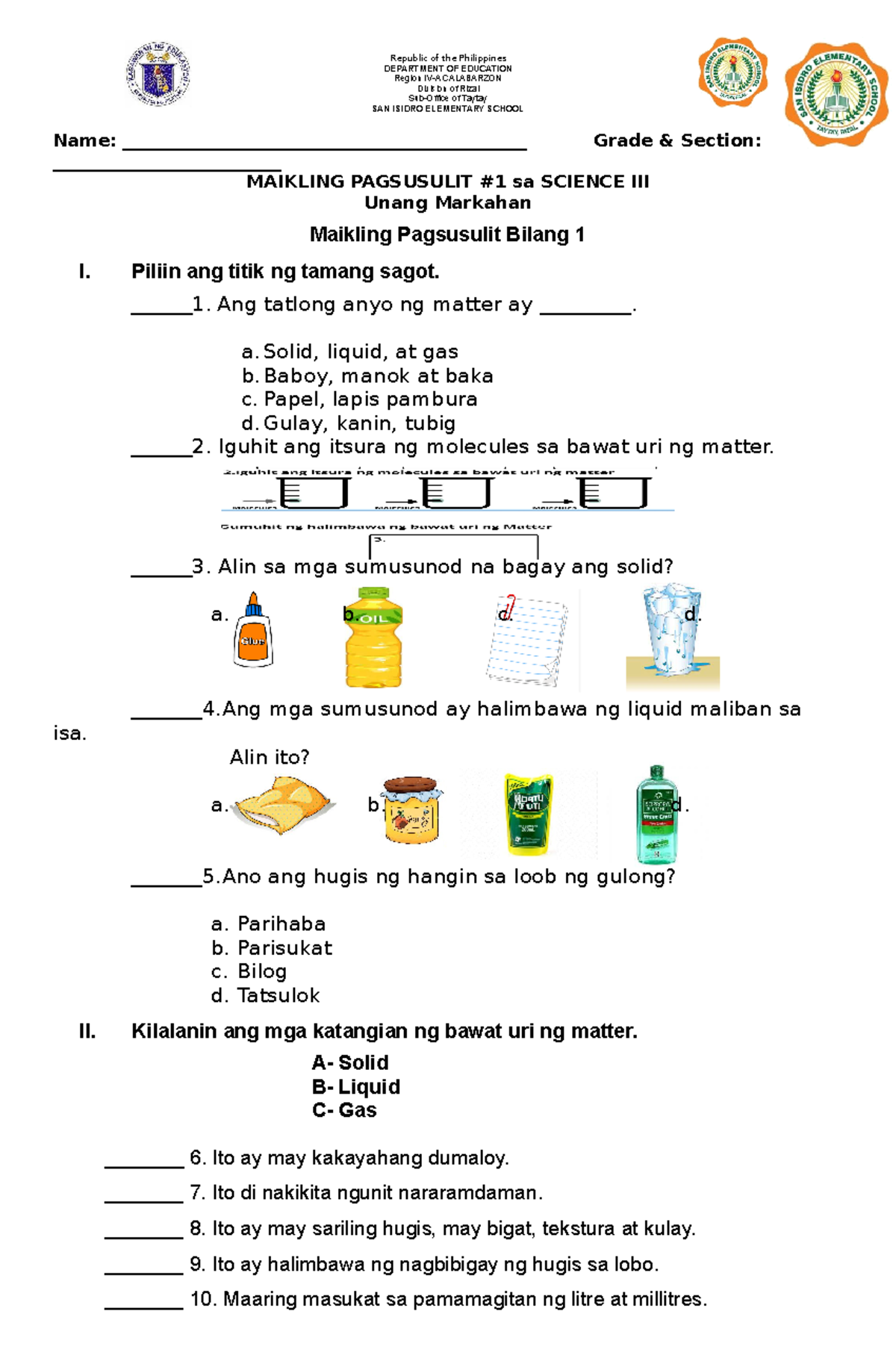 Quarter 1 summative test 1 october 20 2022 department of