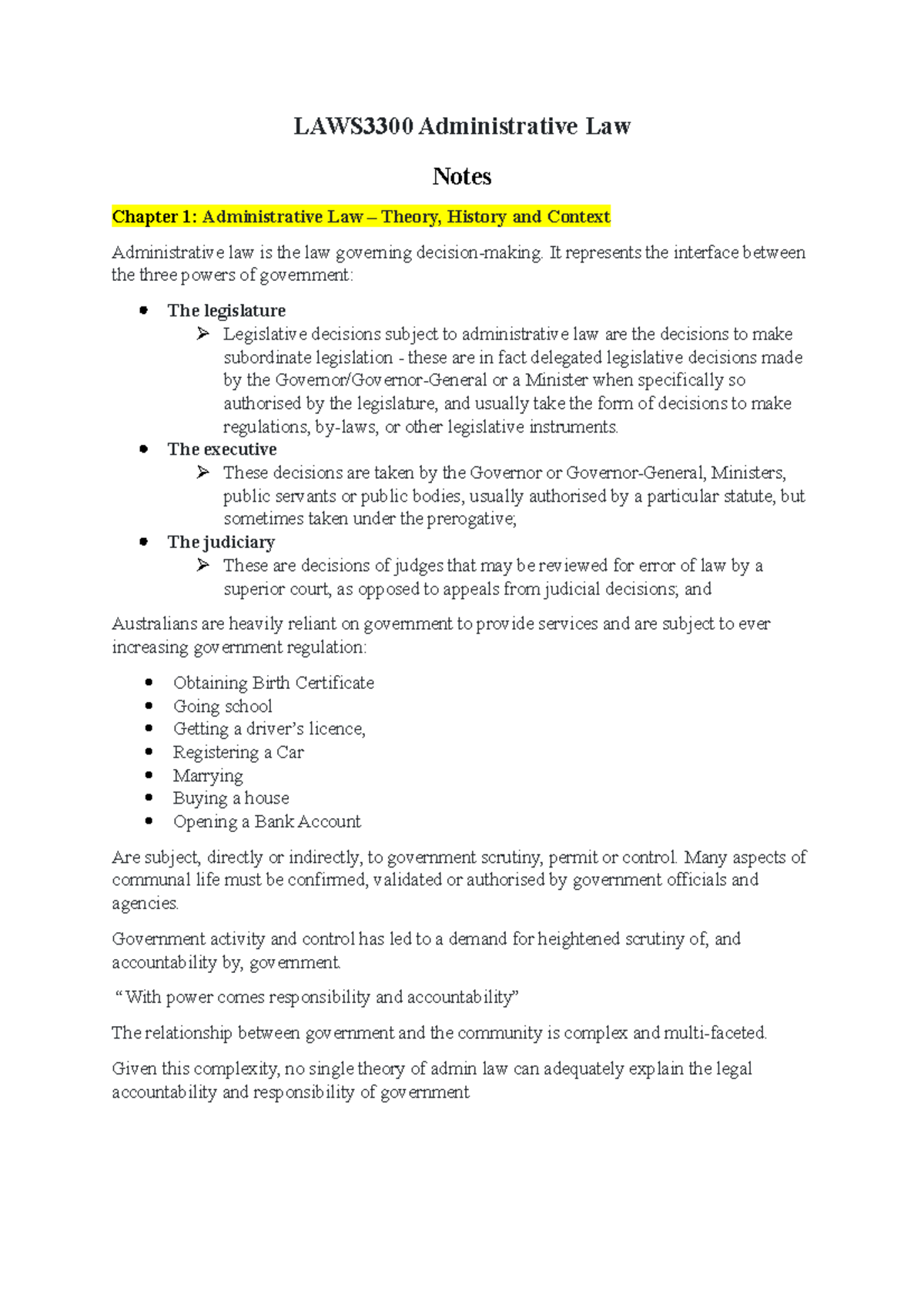 Chapter 1 Notes - LAWS3300 Administrative Law Notes Chapter 1 ...