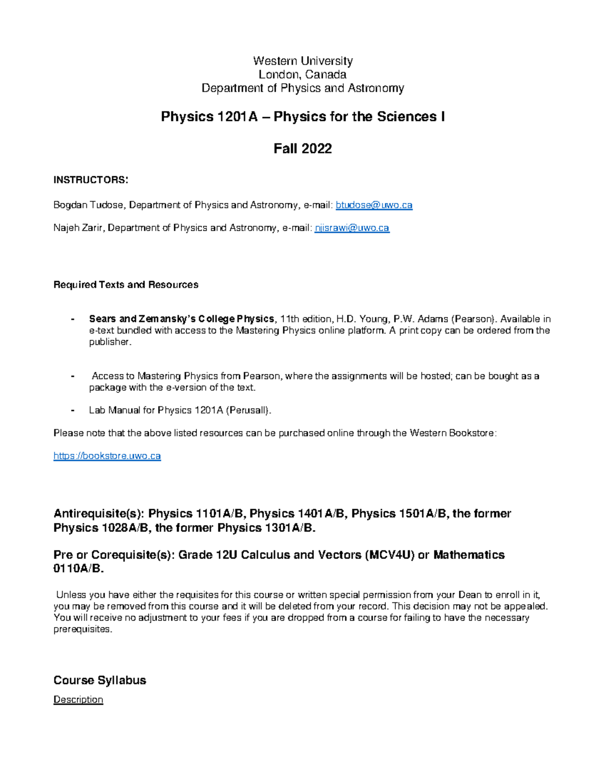 Physics 1201 syllabus 2022 rev sept 5 - Western University London ...