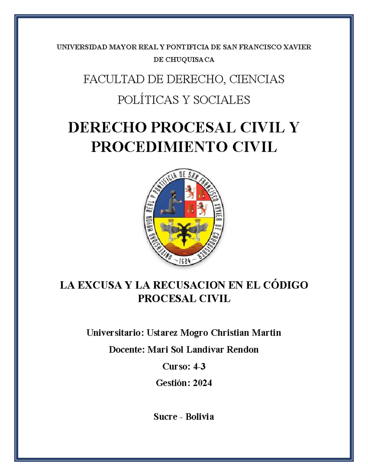 Caratula - Derecho Civil II - UNIVERSIDAD MAYOR REAL Y PONTIFICIA DE ...