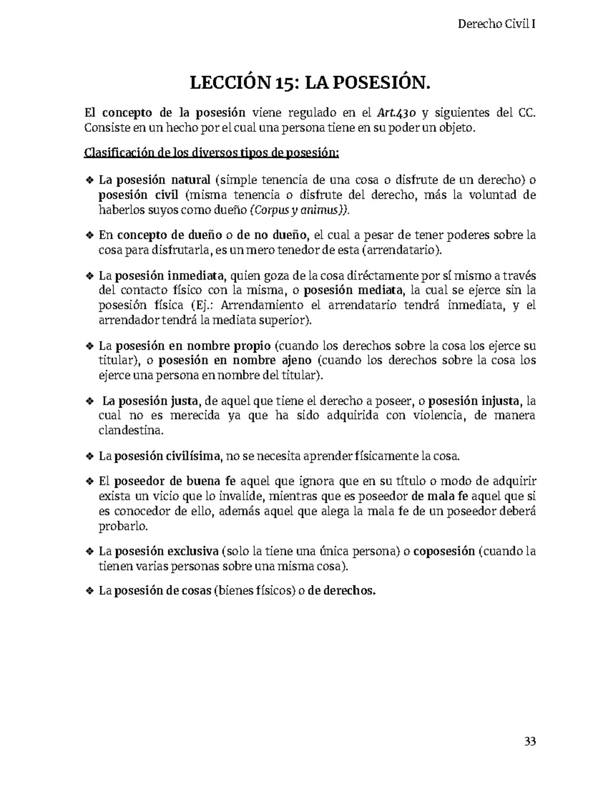 Lección 15 LA Posesión - Derecho Civil I LECCIÓN 15: LA POSESIÓN. El ...