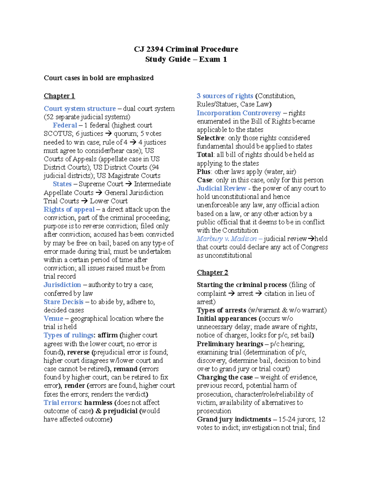 Study Guide - Exam 1 - CJ 2394 Criminal Procedure Study Guide – Exam 1 ...