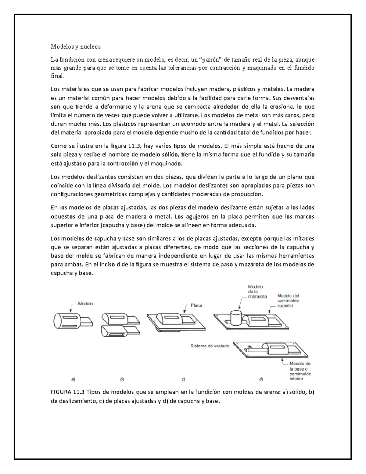 TIPOS DE MODELOS Y NUCLEOS - Modelos y núcleos La fundición con arena  requiere un modelo, es decir, - Studocu