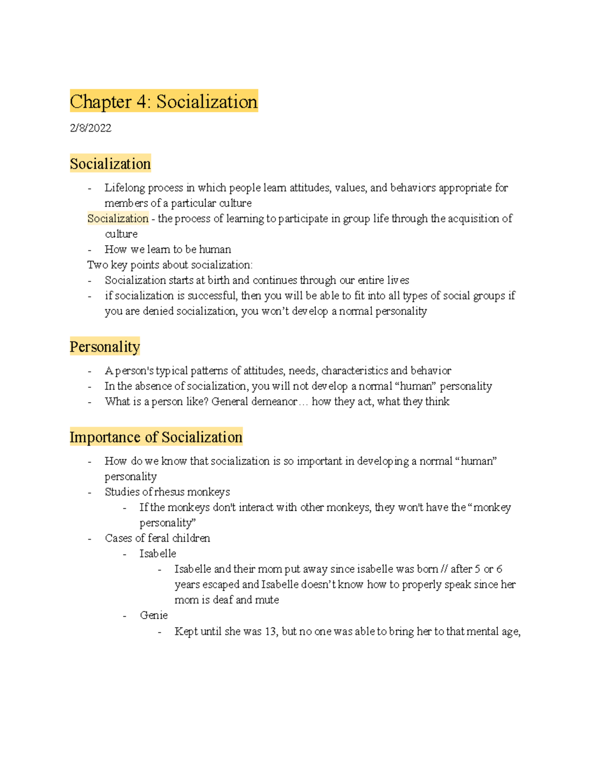 SYG Ch.4 - Notes - Chapter 4: Socialization 2/8/ Socialization Lifelong ...