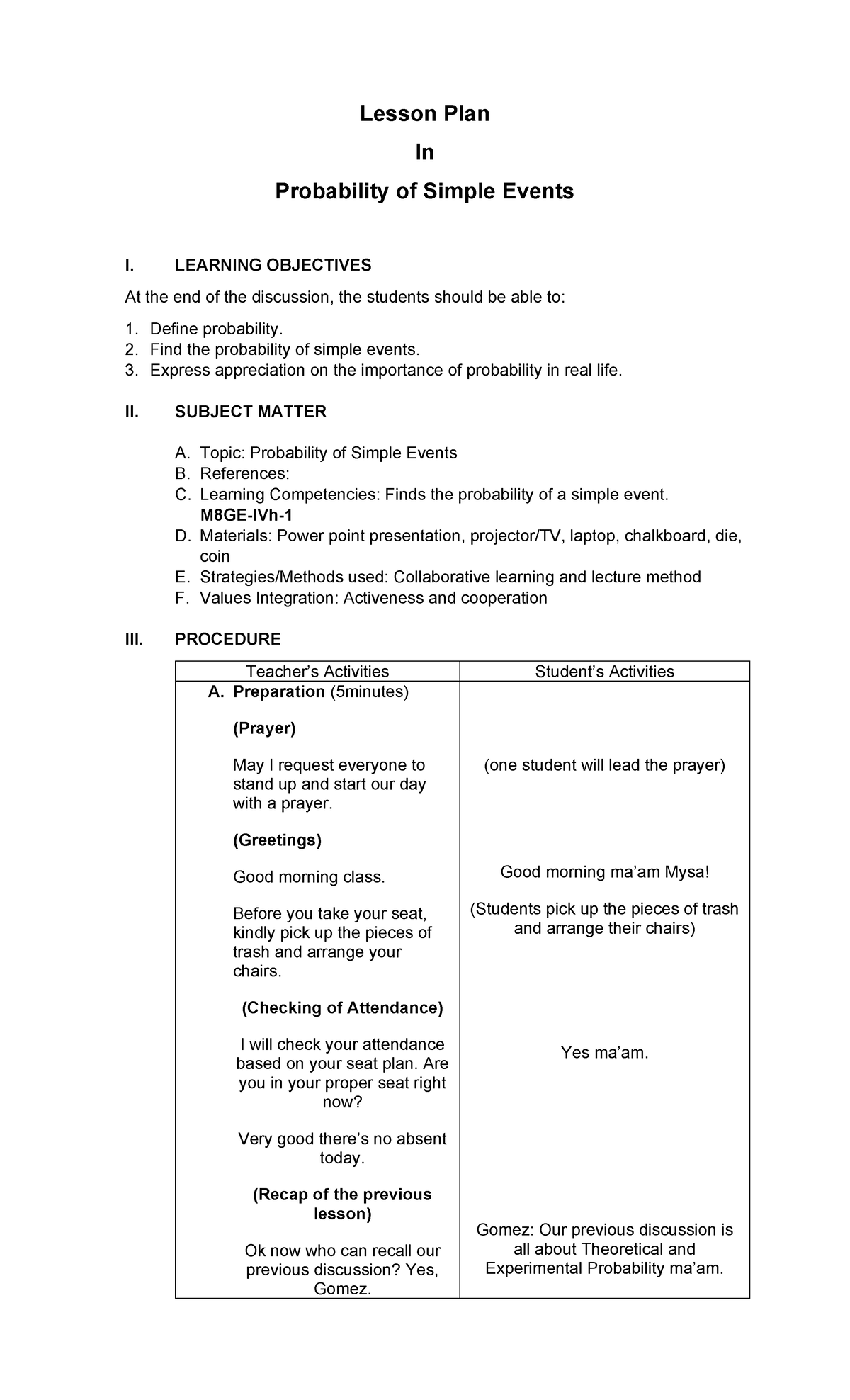 Lesson Plan in Probability - Lesson Plan In Probability of Simple ...