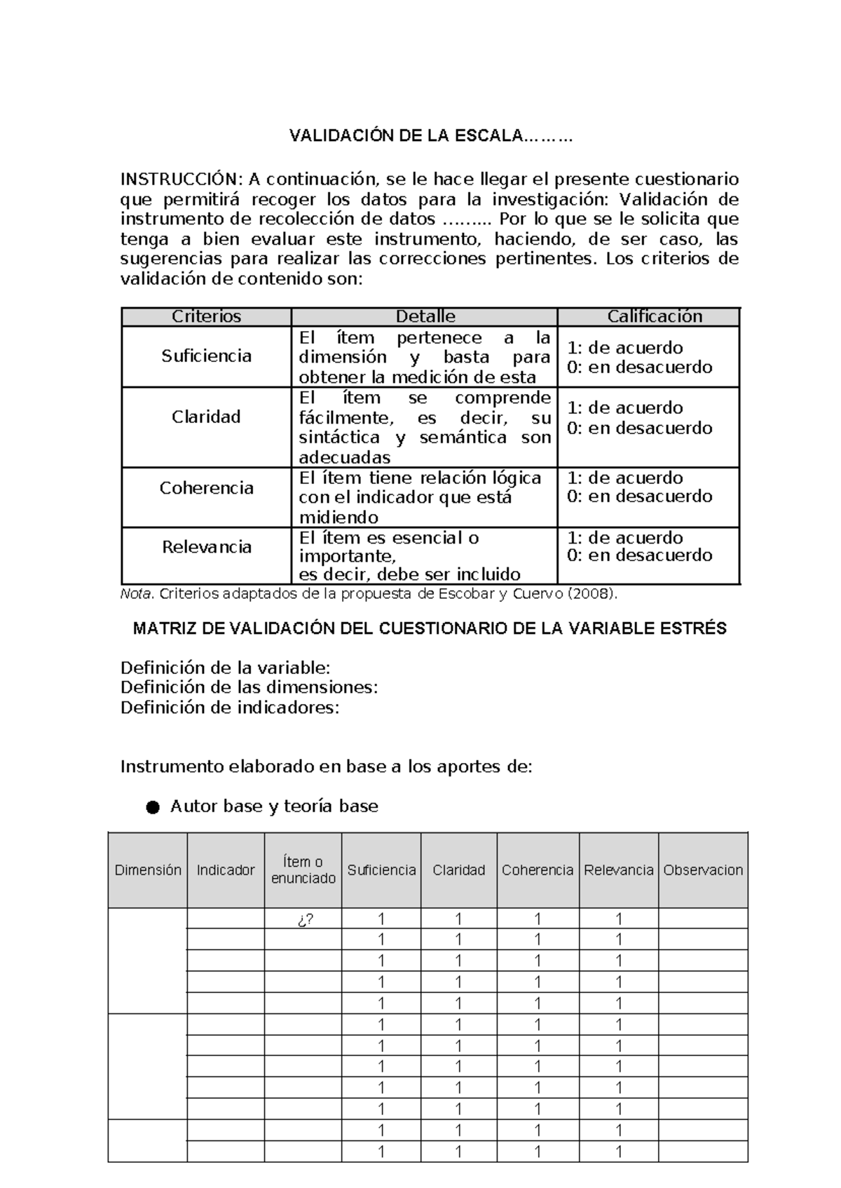 Validacion editable - VALIDACIÓN DE LA ESCALA......... INSTRUCCIÓN: A ...