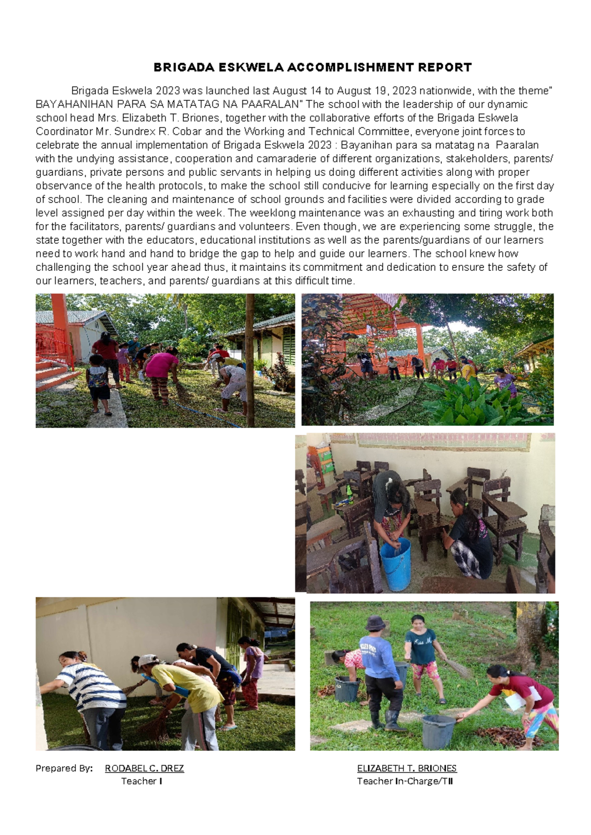 accomplishment report for Brigada Eskwela 2023-2024 - BRIGADA ESKWELA ...