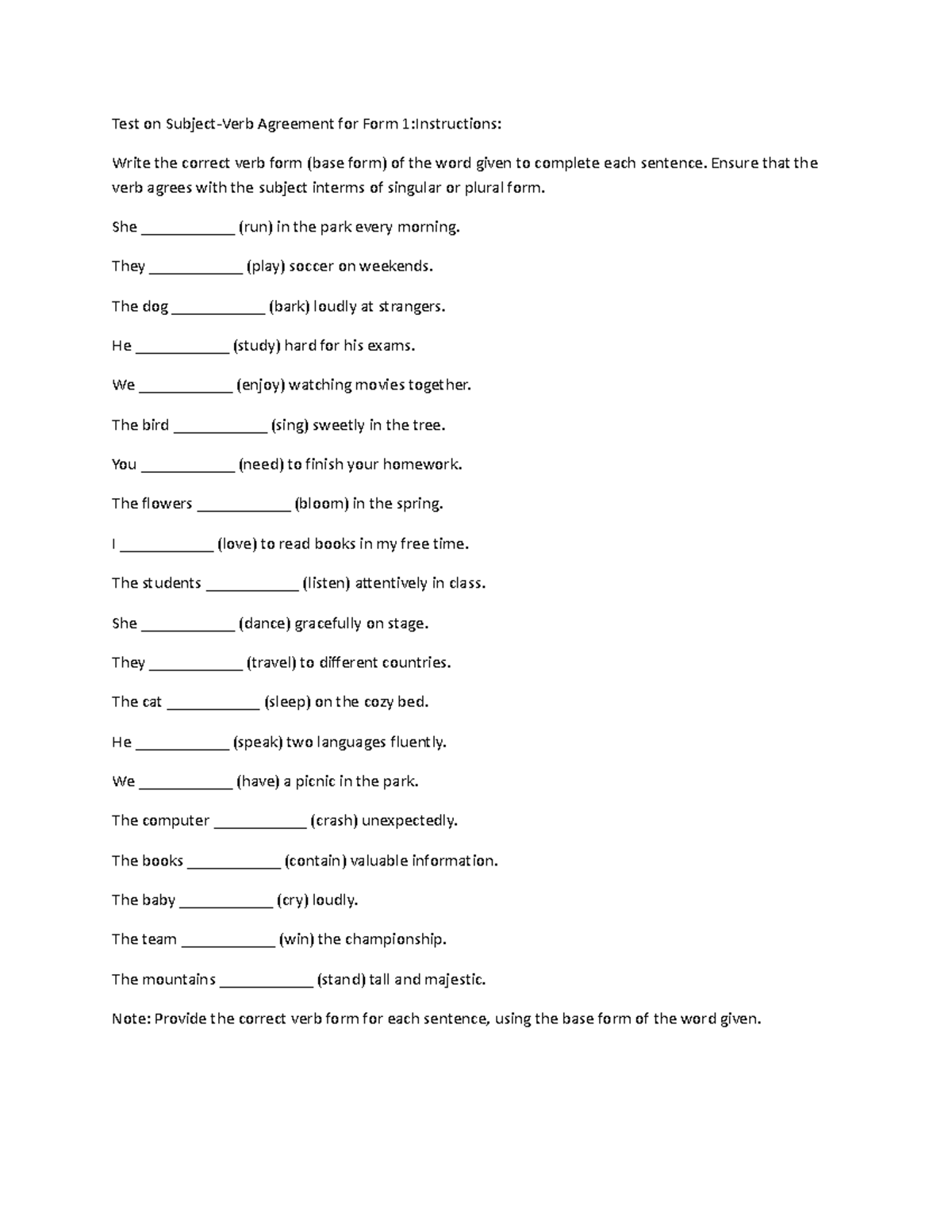 Test on SVA Office Please read. Test on SubjectVerb Agreement for