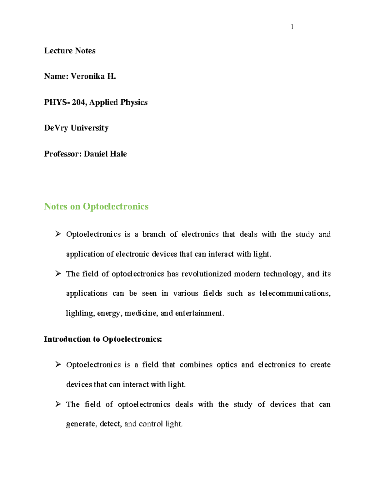 Notes on Optoelectronics Lecture Notes Name Veronika H. PHYS 204