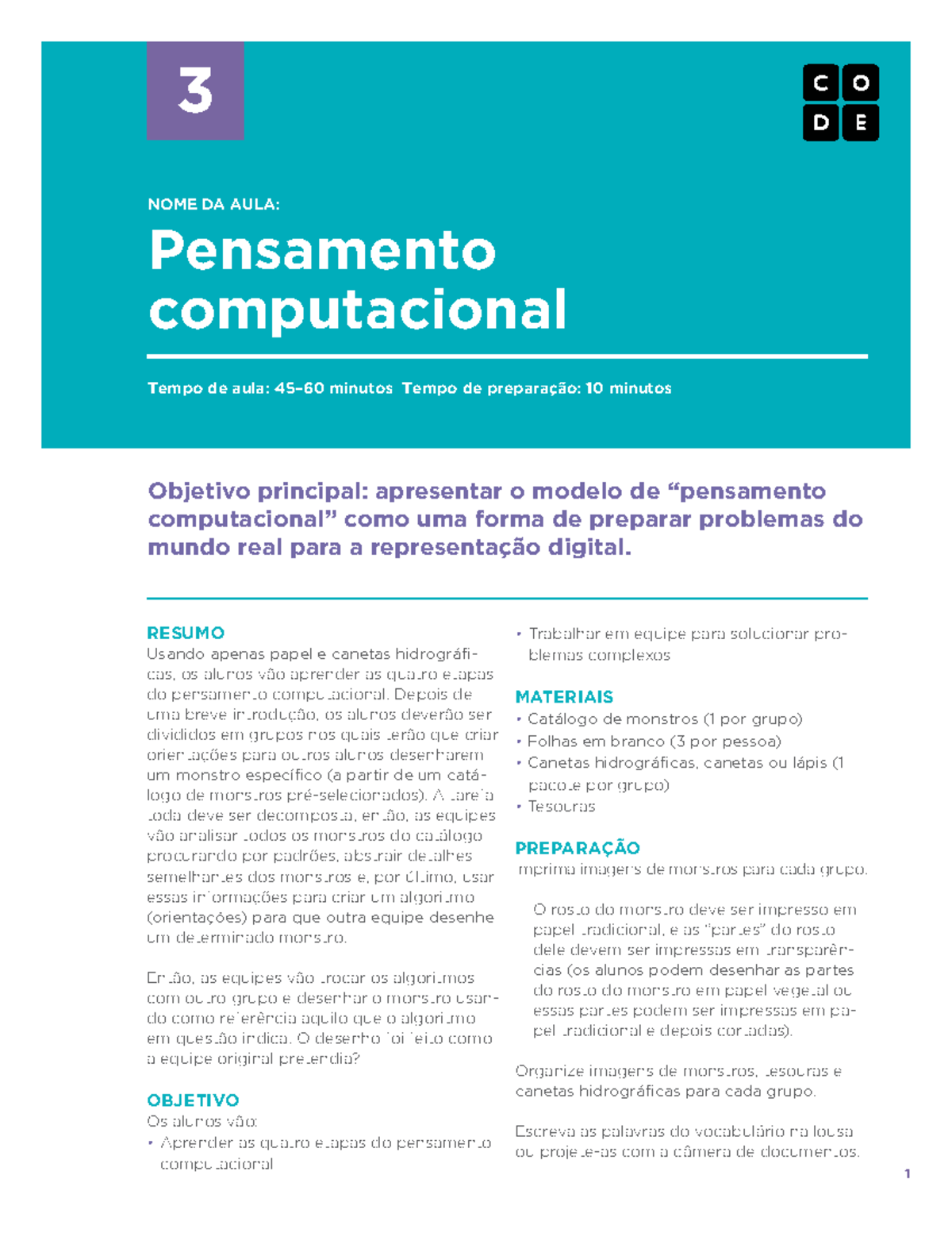 Ficha 3-Pensamento Computacional - 3 RESUMO Usando apenas papel e ...