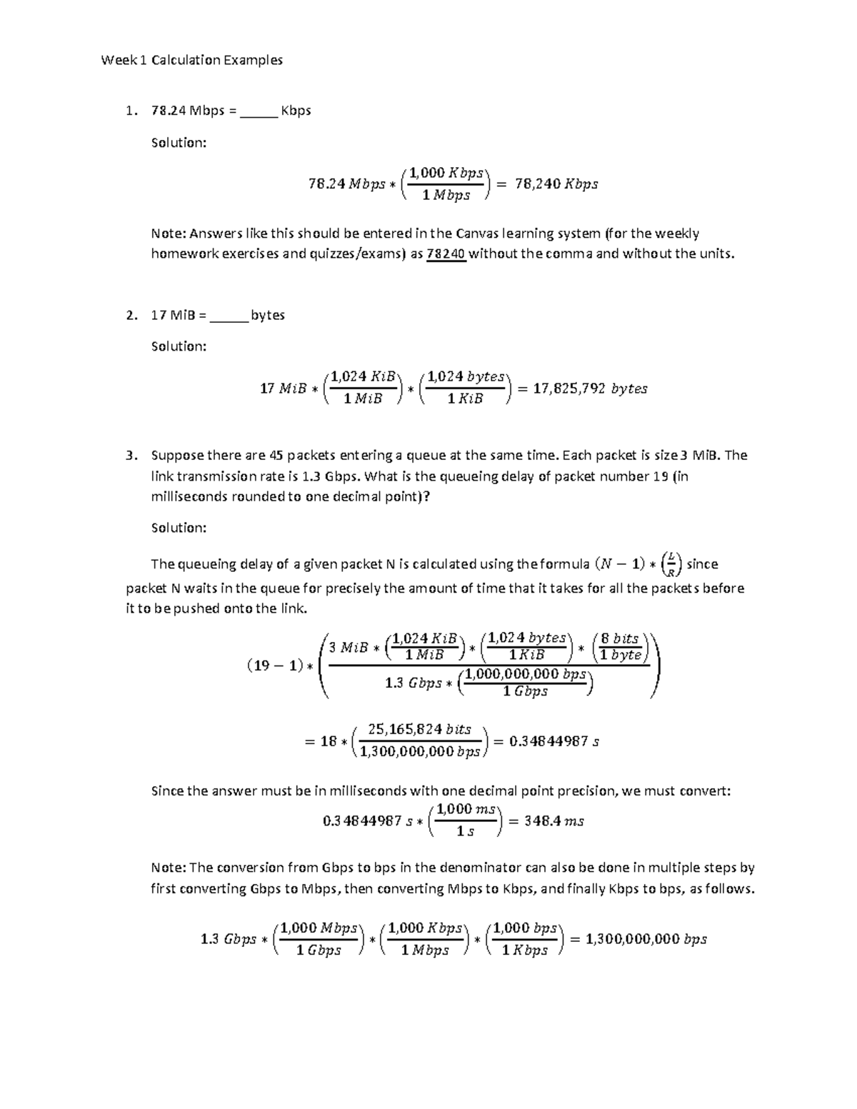 Week1Calculations - Worksheet - 78 Mbps = _____ Kbps Solution: 78 𝑀𝑏𝑝𝑠 ...