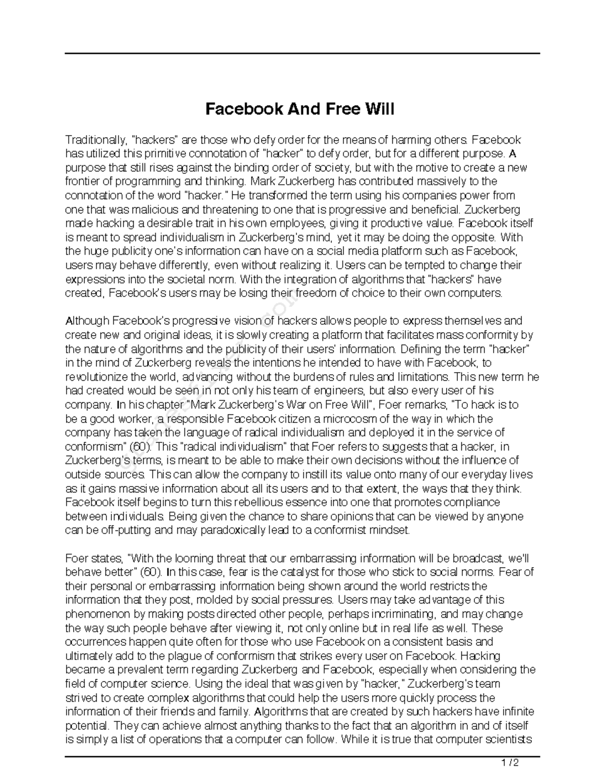 argument against free will essay