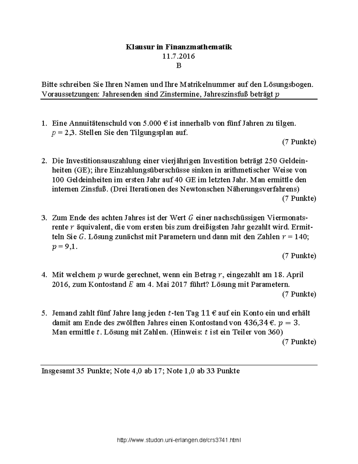 2016-07-11 Klausur Fin Mathe B - Klausur In Finanzmathematik 11. B ...