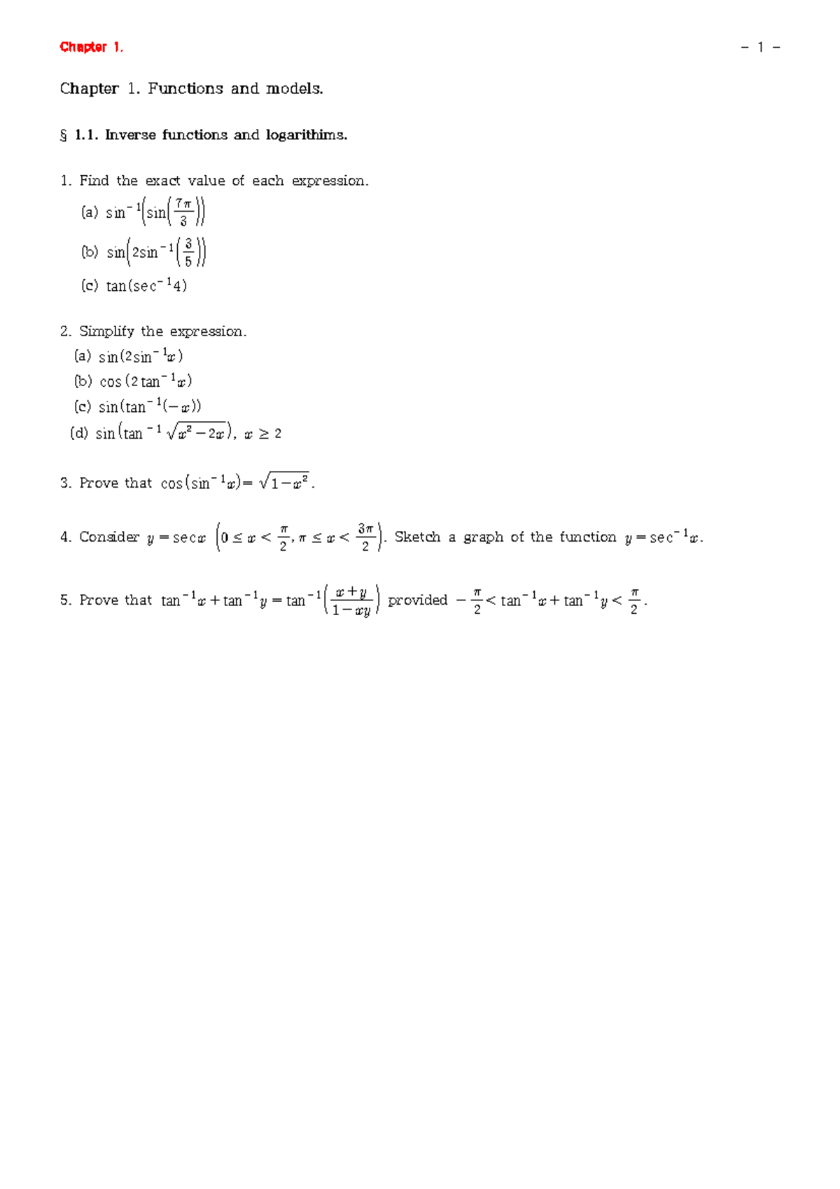 Chap 1 - 프셋 문제입니다. - Chapter 1. - 1 - Chapter 1. Functions and models ...