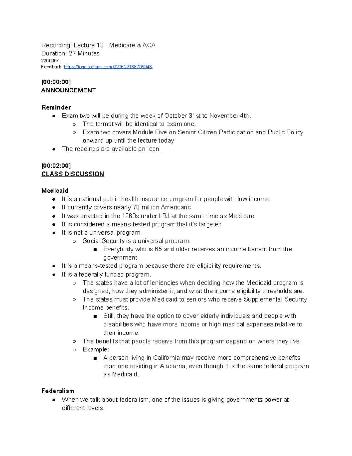 Module 9: Medicare & ACA Summary Notes - Recording: Lecture 13 ...