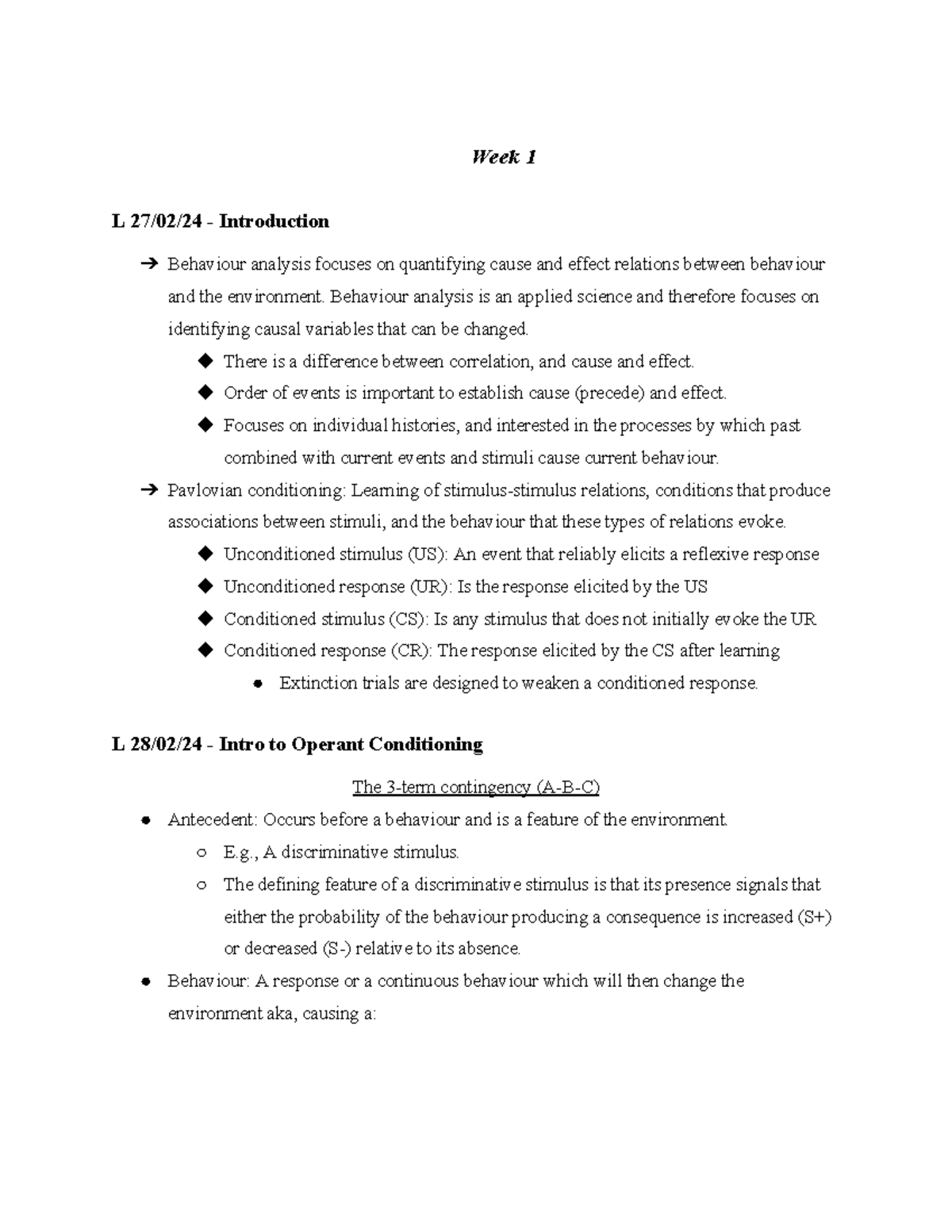 PSYC332 Week 1 Notes - Week 1 L 27/02/24 - Introduction Behaviour ...