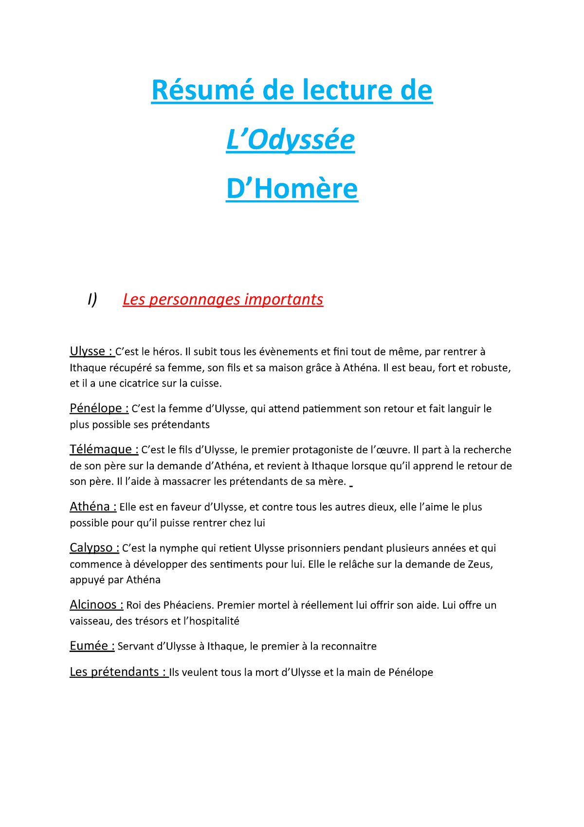 Resume De L Odyssee Fiche De Lecture Complete Odyssee Studocu