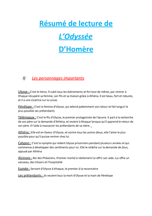 Resume De L Odyssee Fiche De Lecture Complete Odyssee Studocu