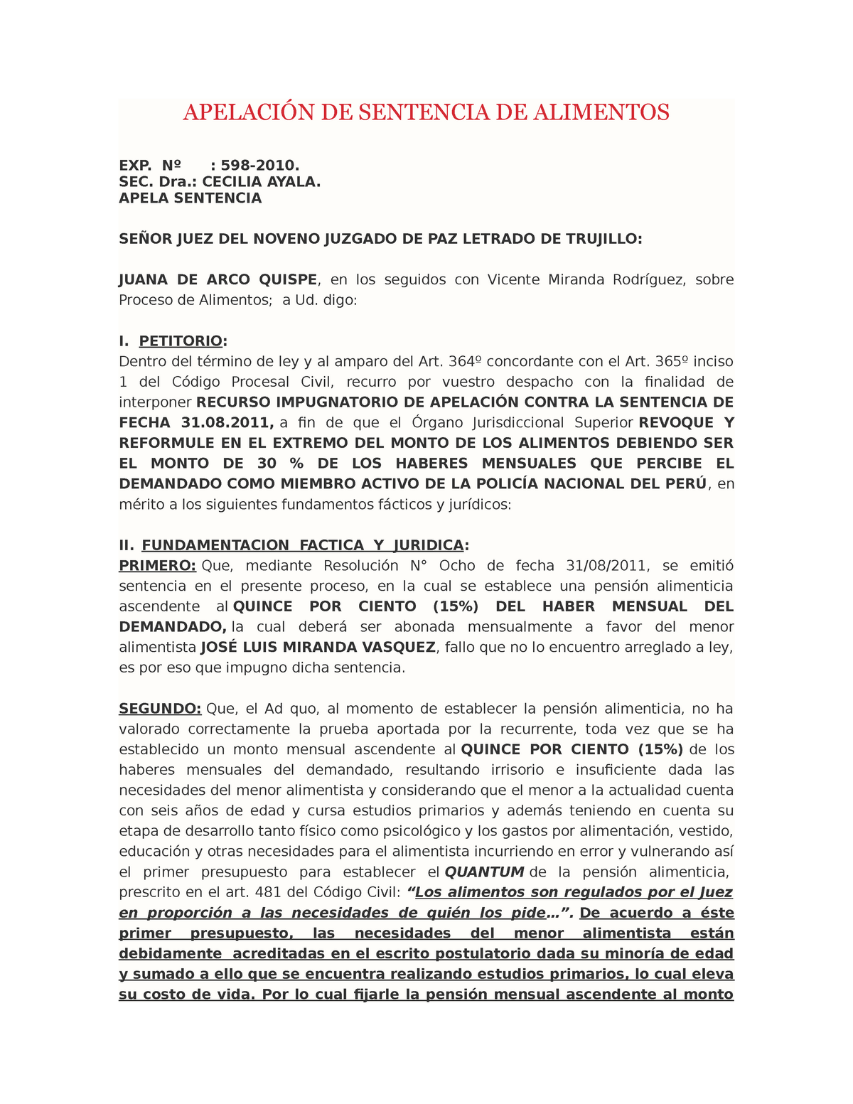 Apelación DE Sentencia DE Alimentos APELACIÓN DE SENTENCIA DE