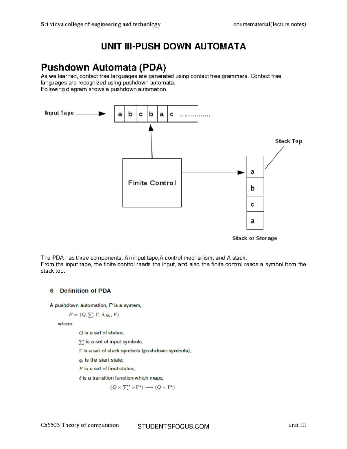 Push down automata pda language acceptability by pda cs6503 theory