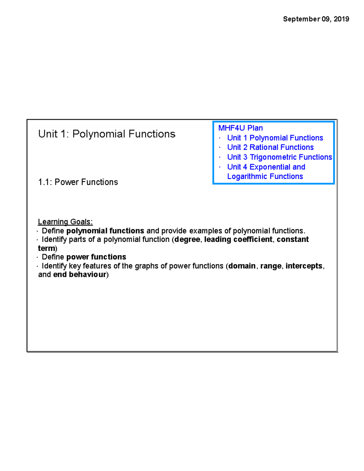 1.1 Power Functions ( Filled IN) Unit 1 Polynomial Functions 1